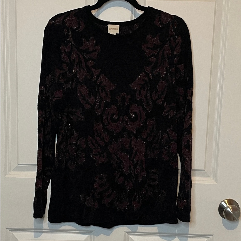 Chico's Black and Burgundy Shimmer Patterned Knit Top Size 2